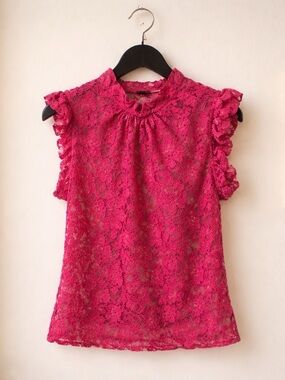 Pink Fuchsia Ruffled High-Neck Lace Blouse